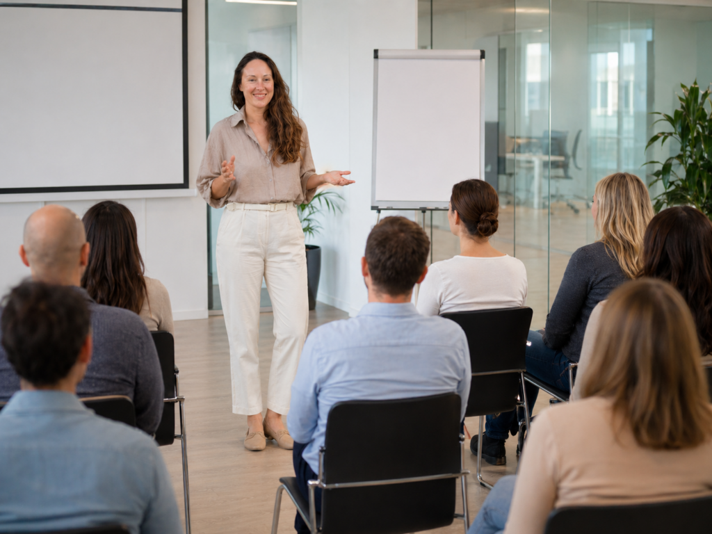 Patricia Heinz hält einen Vortrag zu Stressregulation und Resilienz in einem Unternehmen
